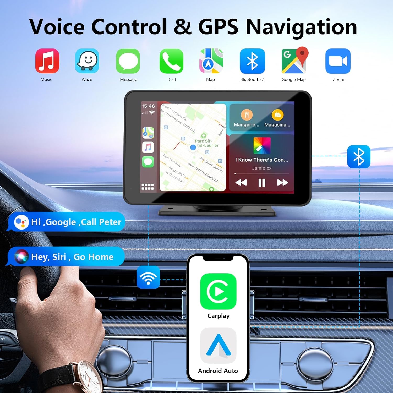 Bezdrátové CarPlay pro vozidla, 7" HD GPS navigace přenosné auto stereo dotyková obrazovka s Apple CarPlay, Android Auto, zpětná kamera, auto audio přijímač s hlasovým ovládáním, Mirror Link, Bluetooth