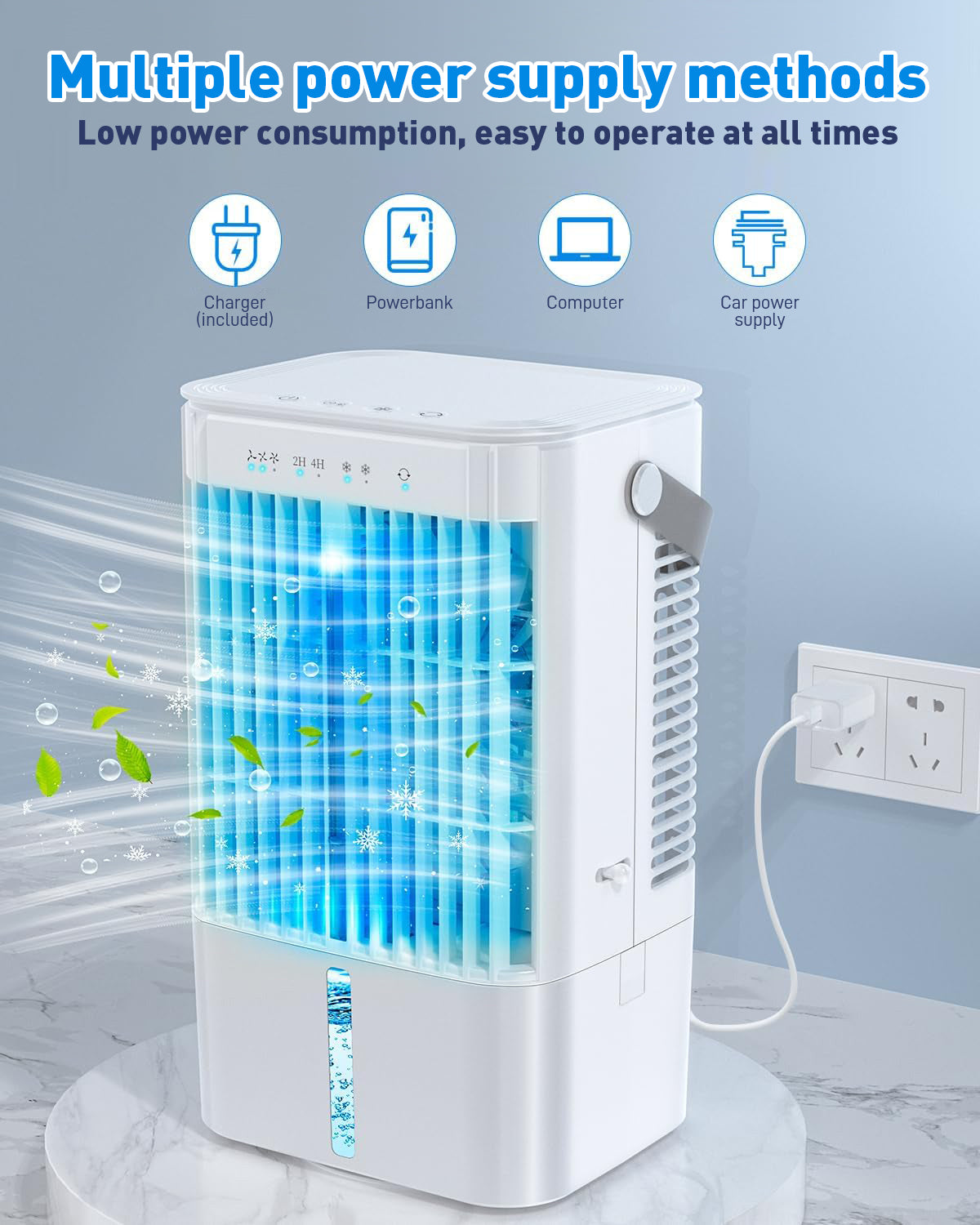 Mobiele airconditioner 4-in-1, energiezuinige mini-luchtkoeler met grote watertank (1200 ml), 3-traps verdampingskoeling, 7-kleuren LED, timer en laag geluidsniveau voor thuiswerken en slaapkamer