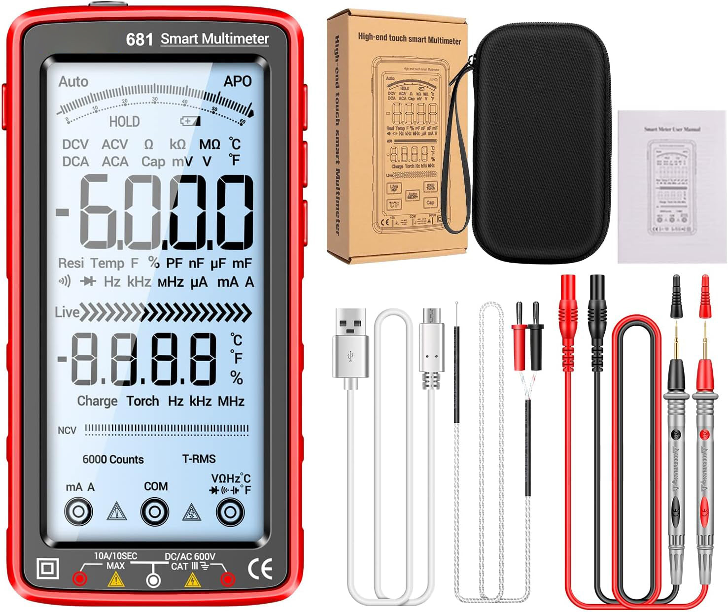 681 Digital multimeter, multifunktionellt mätinstrument, uppladdningsbar, AC/DC-spänning, beröringsfri spänningstestare, LCD-skärm, strömtång