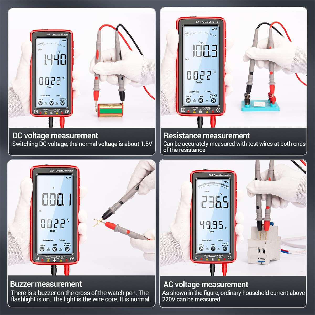 681 Digital multimeter, multifunktionellt mätinstrument, uppladdningsbar, AC/DC-spänning, beröringsfri spänningstestare, LCD-skärm, strömtång