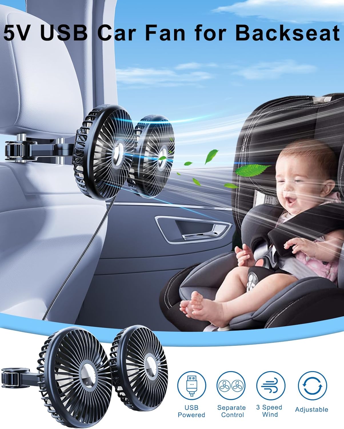 Ventilador para carro para o banco traseiro, ventilador de assento giratório 360°, ventilador veicular com 3 velocidades controladas separadamente, ventilador USB para todos os veículos, SUVs e caminhões