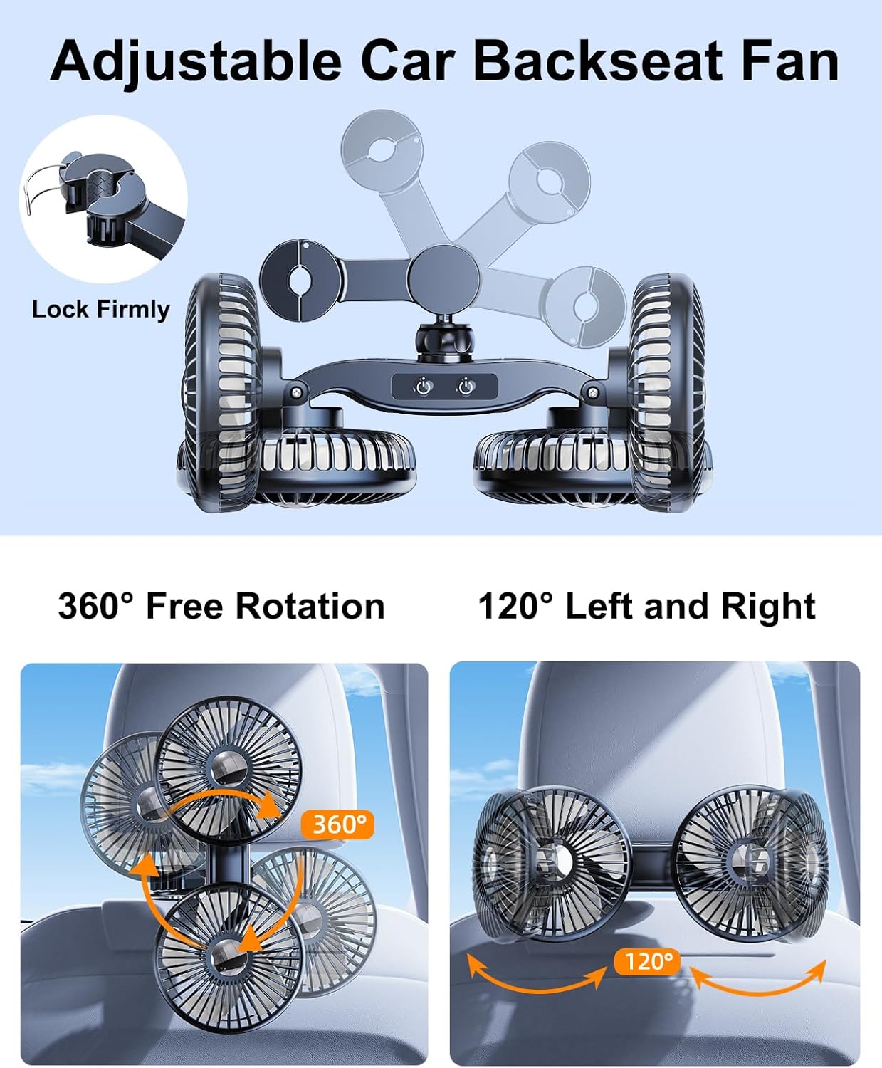Ventilador para carro para o banco traseiro, ventilador de assento giratório 360°, ventilador veicular com 3 velocidades controladas separadamente, ventilador USB para todos os veículos, SUVs e caminhões