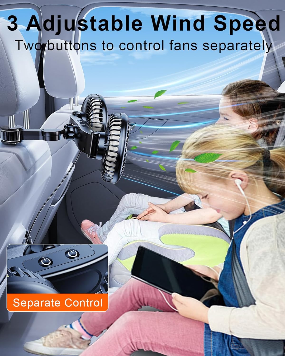 Ventilador para carro para o banco traseiro, ventilador de assento giratório 360°, ventilador veicular com 3 velocidades controladas separadamente, ventilador USB para todos os veículos, SUVs e caminhões