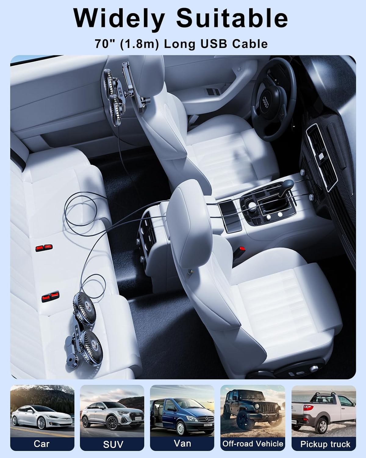 Ventilador para carro para o banco traseiro, ventilador de assento giratório 360°, ventilador veicular com 3 velocidades controladas separadamente, ventilador USB para todos os veículos, SUVs e caminhões