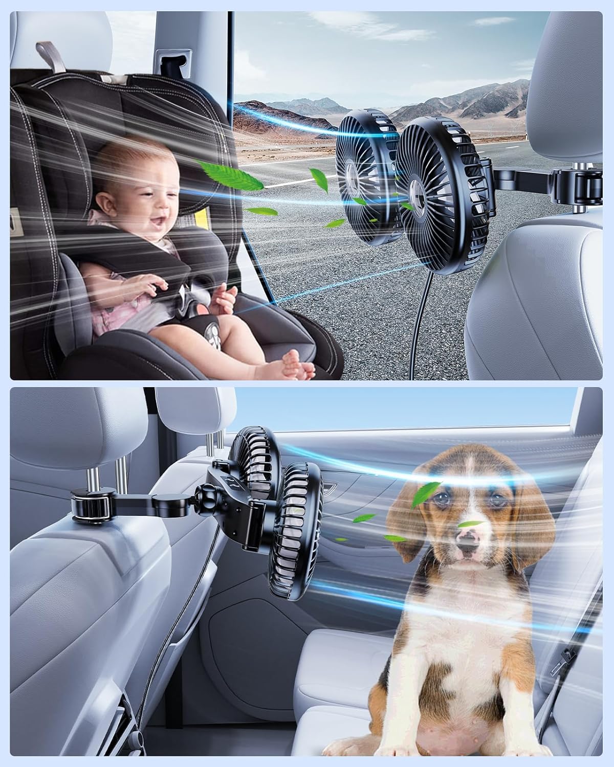 Ventilador para carro para o banco traseiro, ventilador de assento giratório 360°, ventilador veicular com 3 velocidades controladas separadamente, ventilador USB para todos os veículos, SUVs e caminhões