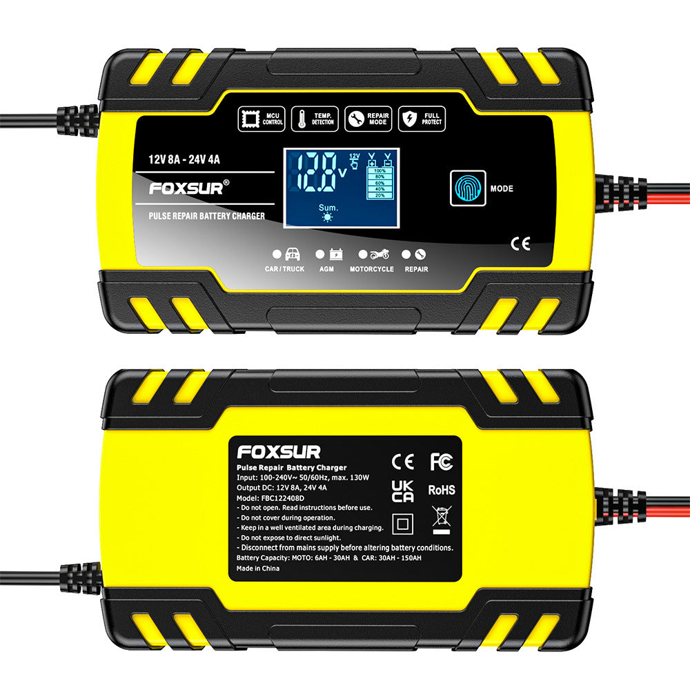 טען סוללות לרכב 12V 8A / 24V 4A, מטען תיקון בדחפים לכל סוללות העופרת-חומצה, AGM, GEL ולמחזור עמוק ב-12V ו-24V