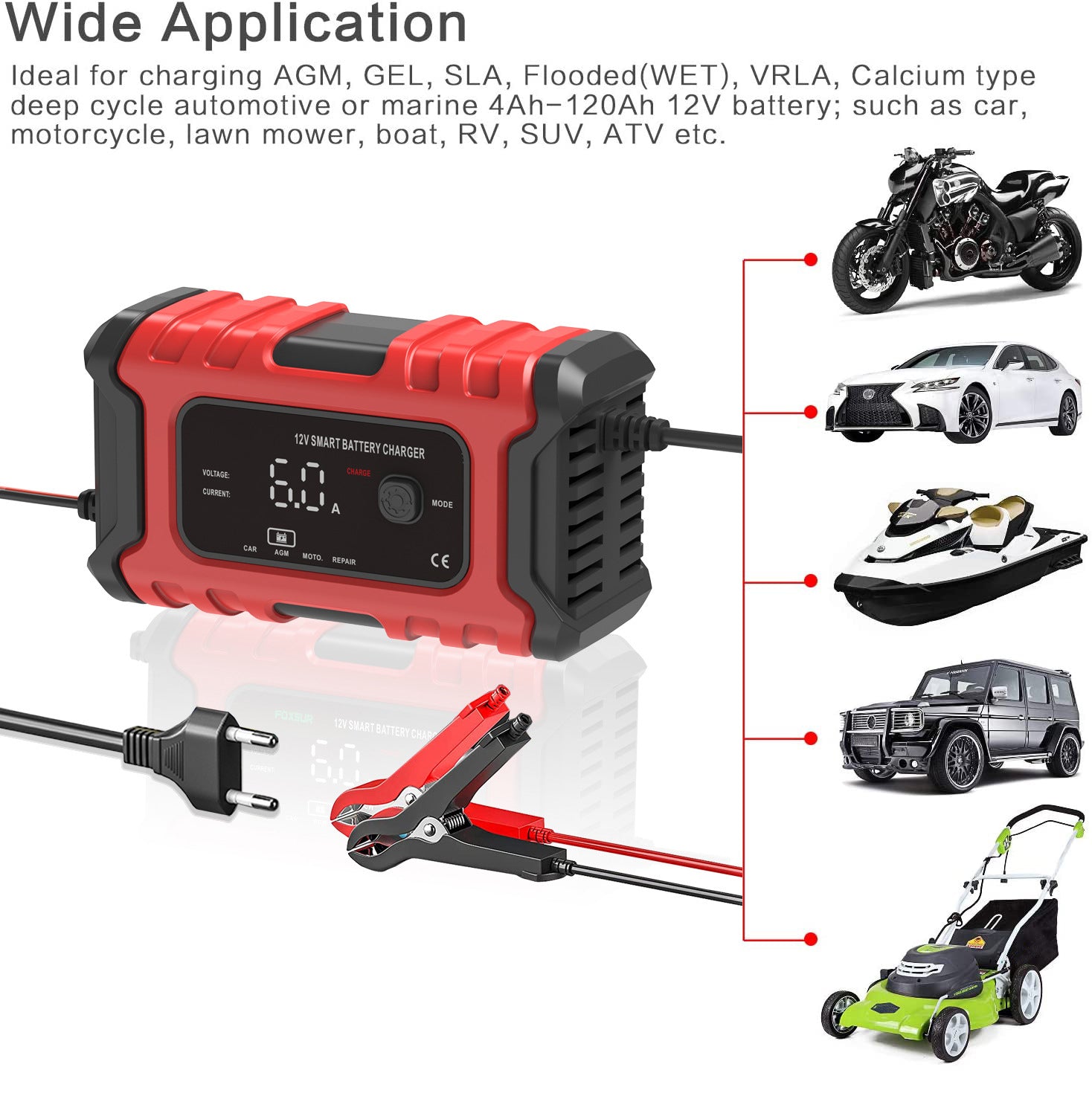 NOEIFEVO 6A Autobatterie Ladegerät, 12V Smart vollautomatische KFZ Batterieladegerät mit Temperaturkompensation für Auto LKW Motorrad Rasenmäher Boot Marine Batterien