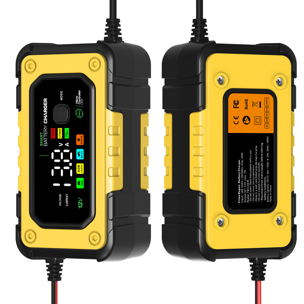 Cargador de batería para automóvil 7A, cargador de batería inteligente totalmente automático de 12V con pantalla LCD, adecuado para baterías de automóvil, motocicleta, cortacésped, bote y marina.