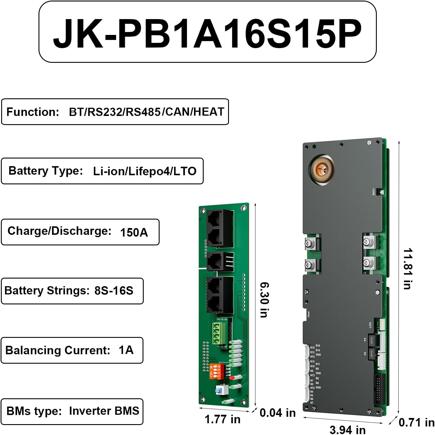 BMS 8S-16S 24V-48V 100A/150A מערכת אחסון אנרגיה ביתית BMS 1A/2A איזון פעיל Bluetooth משולב עם RS485 CAN למערכת סולארית