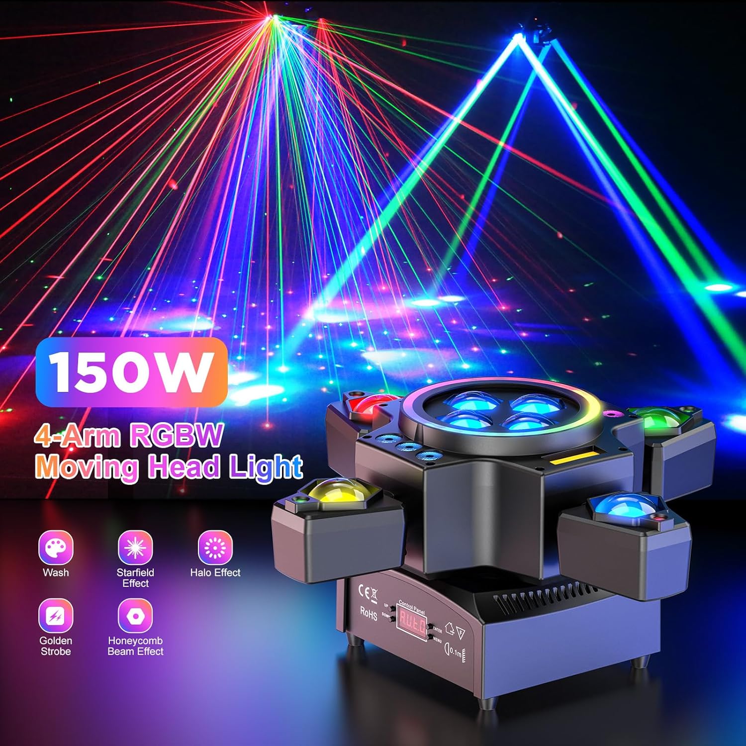 120W Bühnenlicht 4-in-1 RGBW Moving Head Lichteffekt Laserlicht Scheinwerfer Partylicht mit Fernbedienung für Disco, DJ, Bar, Geburtstagsfeier