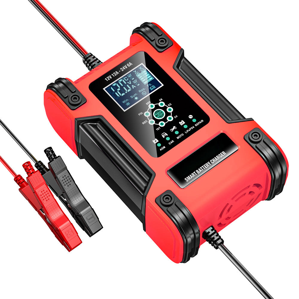 Auto acculader, 12V 12A / 24V 6A loodzuur AGM LiFePO4 acculader, voertuiglader, 7-traps slimme acculader met LED-display voor auto's, vrachtwagens, motorfietsen, grasmaaiers