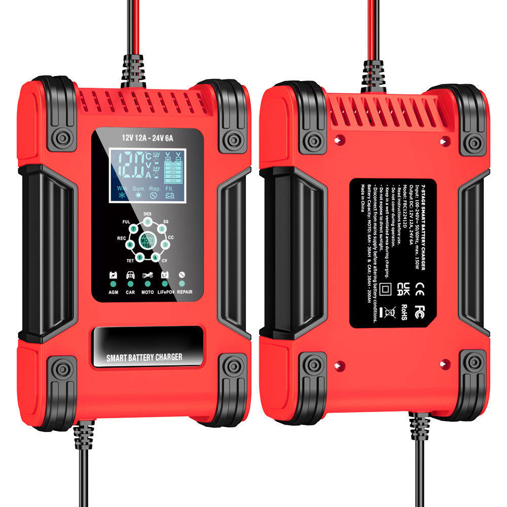 Auto acculader, 12V 12A / 24V 6A loodzuur AGM LiFePO4 acculader, voertuiglader, 7-traps slimme acculader met LED-display voor auto's, vrachtwagens, motorfietsen, grasmaaiers