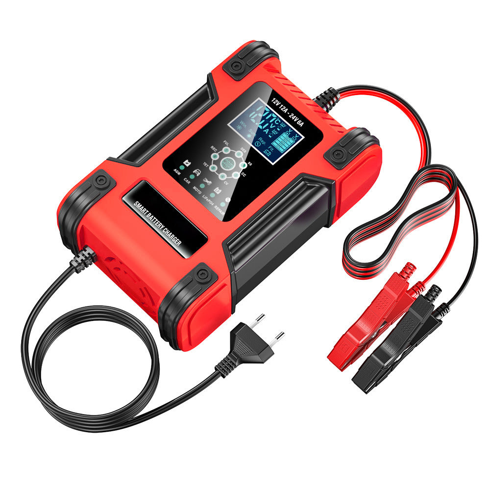 Auto acculader, 12V 12A / 24V 6A loodzuur AGM LiFePO4 acculader, voertuiglader, 7-traps slimme acculader met LED-display voor auto's, vrachtwagens, motorfietsen, grasmaaiers