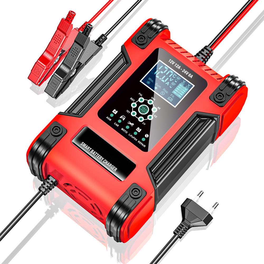 Auto acculader, 12V 12A / 24V 6A loodzuur AGM LiFePO4 acculader, voertuiglader, 7-traps slimme acculader met LED-display voor auto's, vrachtwagens, motorfietsen, grasmaaiers