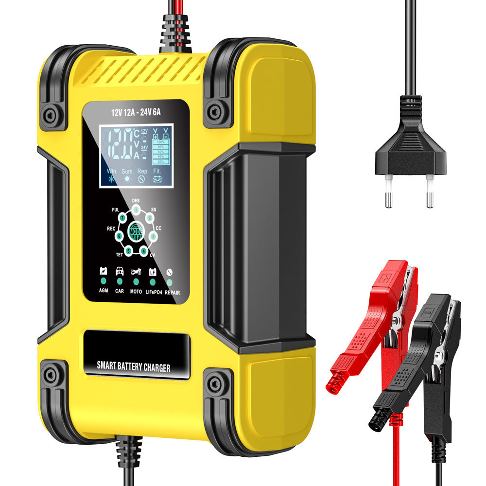 Auto acculader, 12V 12A / 24V 6A loodzuur AGM LiFePO4 acculader, voertuiglader, 7-traps slimme acculader met LED-display voor auto's, vrachtwagens, motorfietsen, grasmaaiers