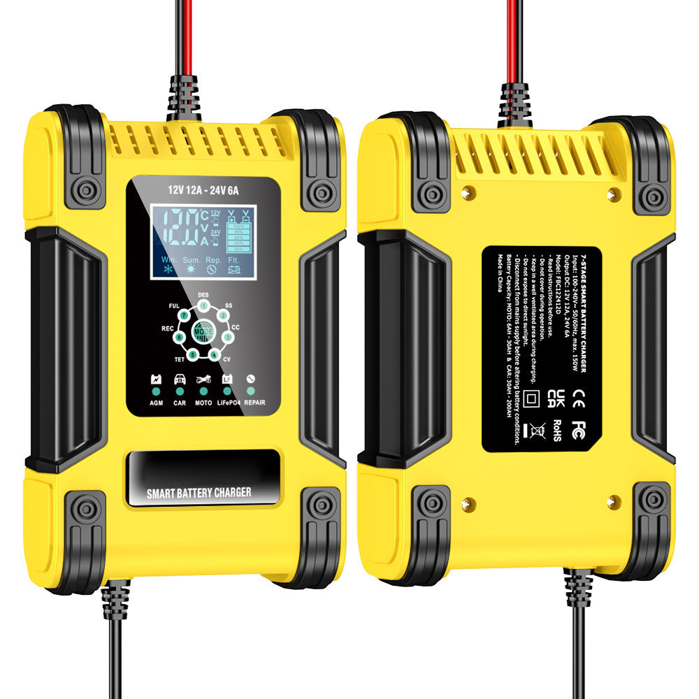 Auto acculader, 12V 12A / 24V 6A loodzuur AGM LiFePO4 acculader, voertuiglader, 7-traps slimme acculader met LED-display voor auto's, vrachtwagens, motorfietsen, grasmaaiers