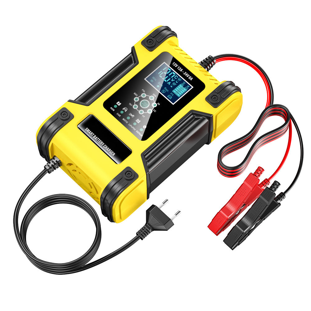 Auto acculader, 12V 12A / 24V 6A loodzuur AGM LiFePO4 acculader, voertuiglader, 7-traps slimme acculader met LED-display voor auto's, vrachtwagens, motorfietsen, grasmaaiers