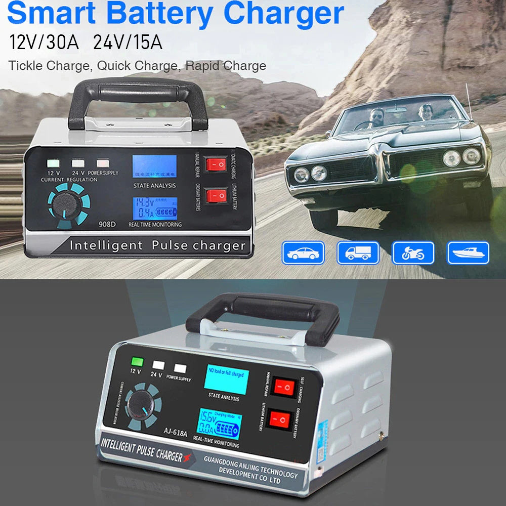 Caricabatterie intelligente 12V 30A / 24V 15A, caricabatterie per auto con funzione di mantenimento e riparazione a impulsi intelligenti per auto, camion, barca e moto