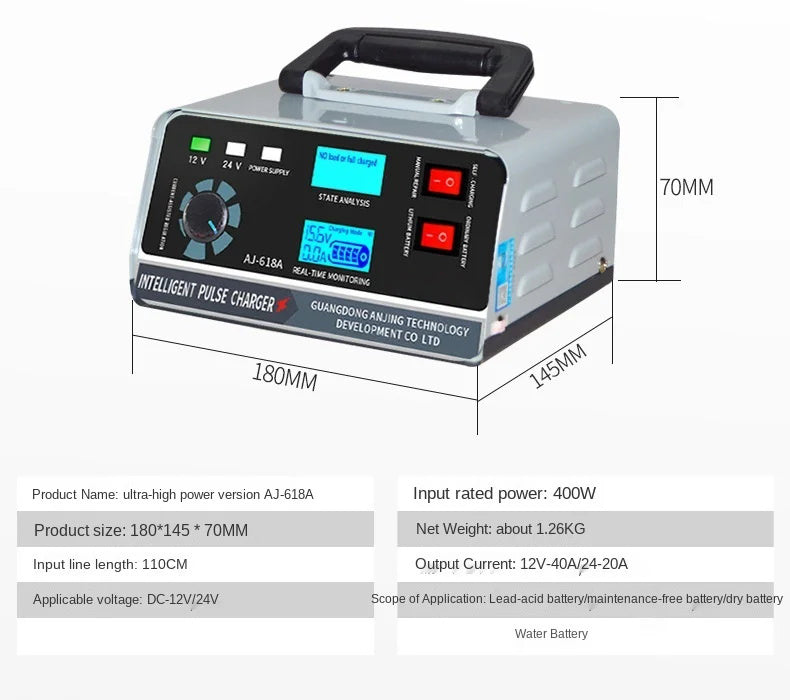 Caricabatterie intelligente 12V 30A / 24V 15A, caricabatterie per auto con funzione di mantenimento e riparazione a impulsi intelligenti per auto, camion, barca e moto