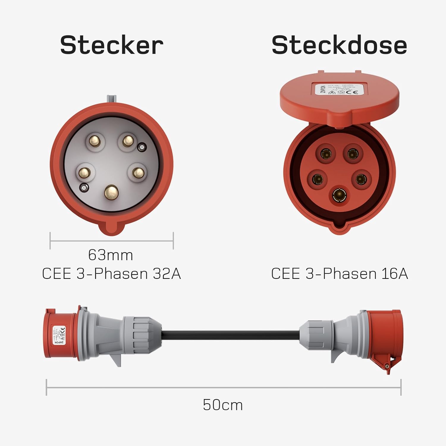 NOEIFEVO Adaptador de cargador EV para estación de carga móvil de 11KW / Cargador EV / Punto de carga a CEE rojo 32A / CEE azul 16A / Enchufe doméstico de 230V.