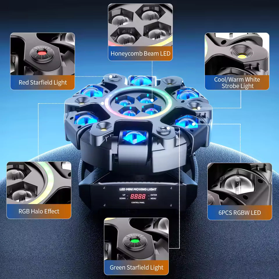 150W 6-armiger RGBW Beam Moving Head mit Halo-Effekt, Bühnenlicht, DMX512 Wabenstrahl-Stroboskop-Effekt, geeignet für DJ-Partys, Geburtstagsfeiern, professionelle Bühnenbeleuchtung, Bar- und KTV-Beleuchtung