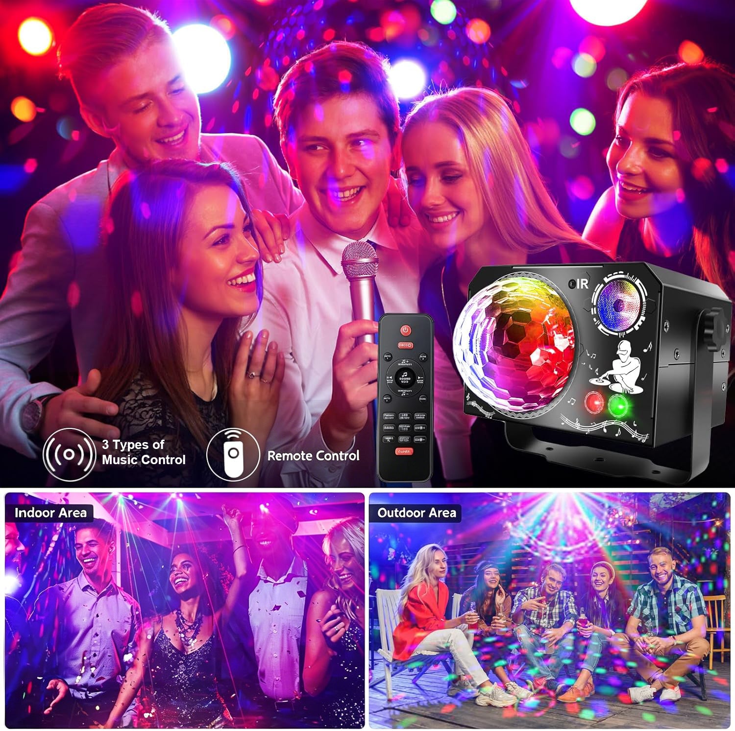 4-in-1 Discokugel, DJ-Disco- und Partylicht (65 Muster), musikgesteuertes Disco-Partylicht, RGB/UV/Stroboskop, sprachgesteuerte Partyleuchte für Partys, Festivals, Clubs, Halloween und Weihnachten