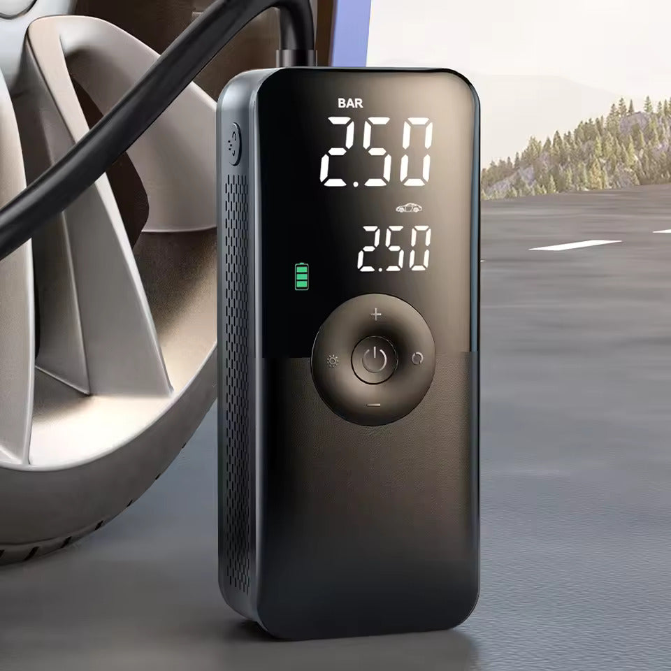 Elektrisk luftpumpe, batteridrevet pumpe med 150 PSI, forudindstillet dæktryk til bil/motorcykel/cykel/bold, oppumpning med ét tryk og automatisk stop, cykelpumpe med LED-lys og powerbank