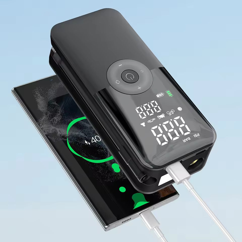 Elektrisk luftpumpe, batteridrevet pumpe med 150 PSI, forudindstillet dæktryk til bil/motorcykel/cykel/bold, oppumpning med ét tryk og automatisk stop, cykelpumpe med LED-lys og powerbank