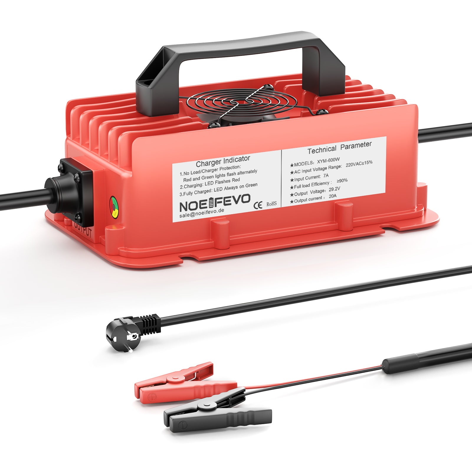 NOEIFEVO 29,2V 20A vattentät LiFePO4 batteriladdare för 25,6V(24V) 8S litiumbatteri,0V BMS-aktivering, med fullt skydd
