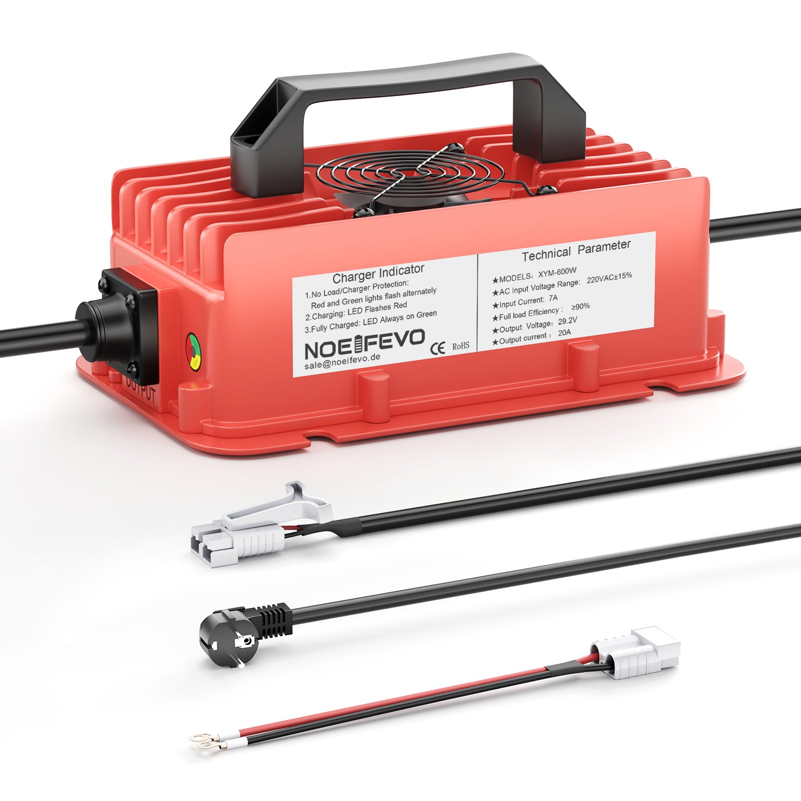 NOEIFEVO 29,2V 20A vattentät LiFePO4 batteriladdare för 25,6V(24V) 8S litiumbatteri,0V BMS-aktivering, med fullt skydd