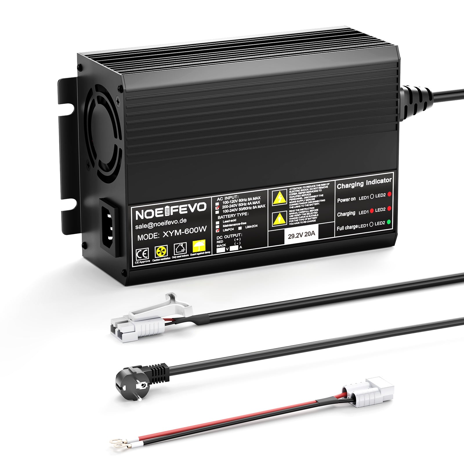 Noeifevo 29,2V 20A LiFePO4 batteriladdare för 24V 25,6V litiumbatteri, 0V BMS aktivera, automatisk avstängning med fullt skydd