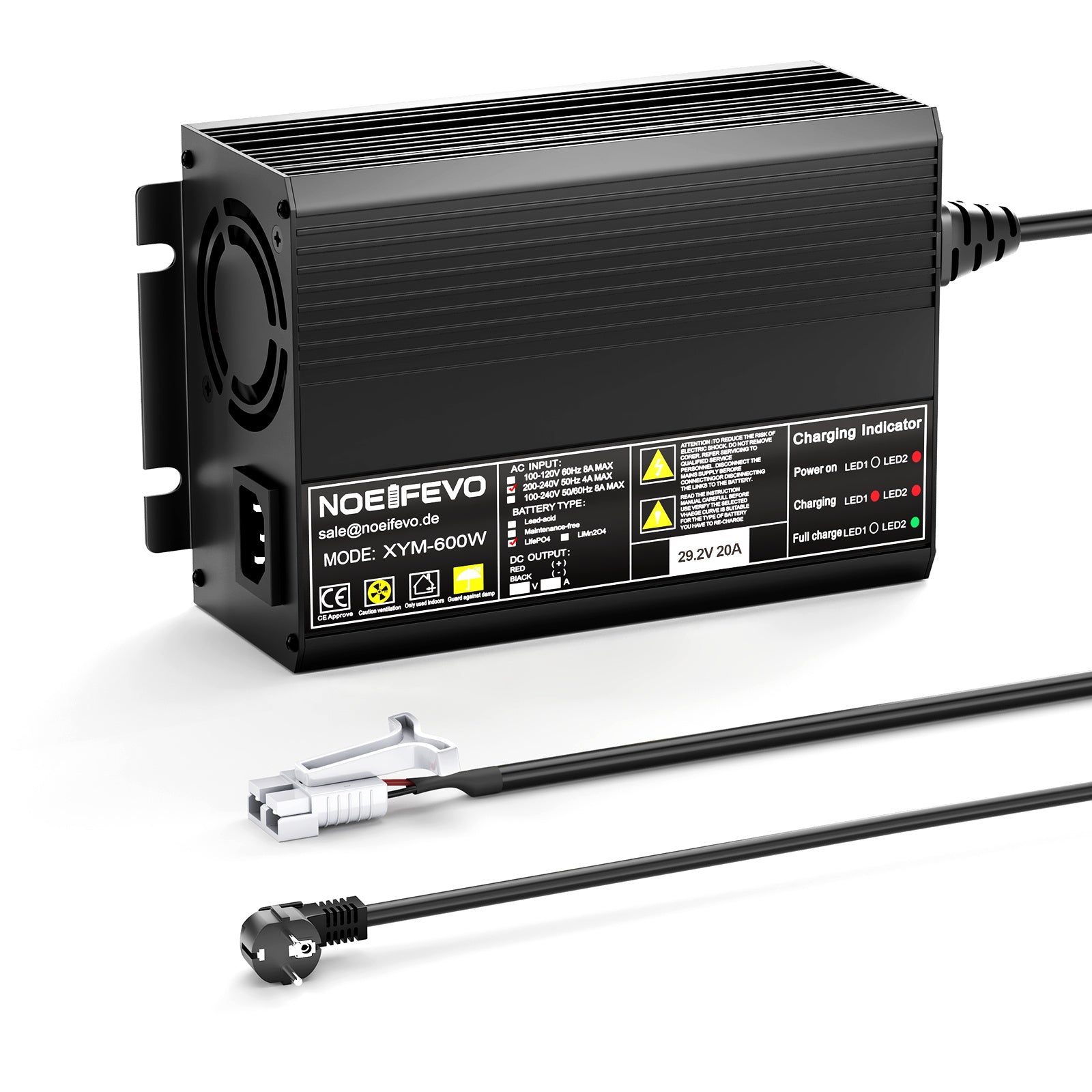 Noeifevo 29,2V 20A LiFePO4 batteriladdare för 24V 25,6V litiumbatteri, 0V BMS aktivera, automatisk avstängning med fullt skydd