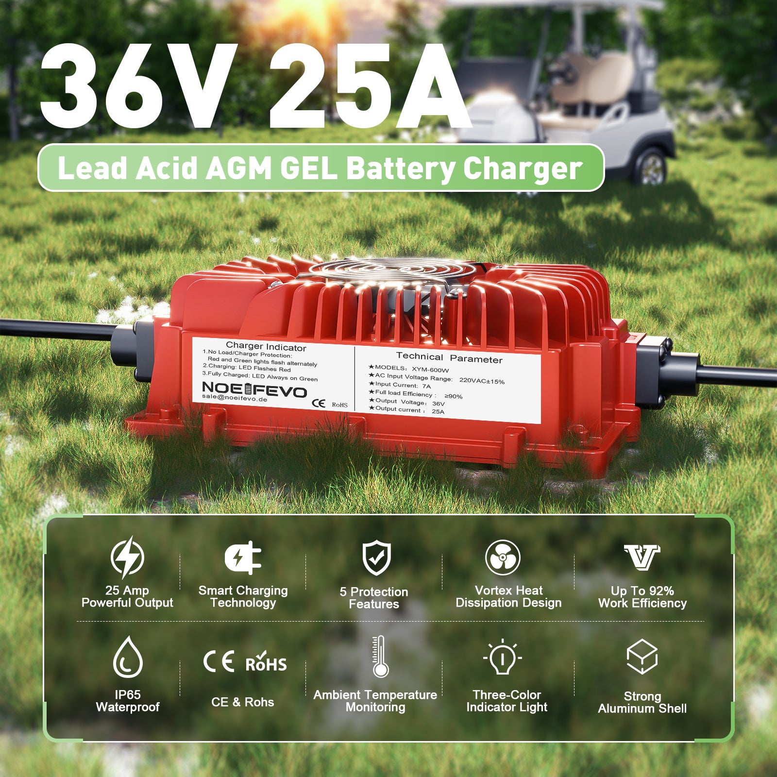 NOEIFEVO 36V 20A Battery Charger For Lead-Acid, AGM & Gel Batteries - Golf Cart Charger