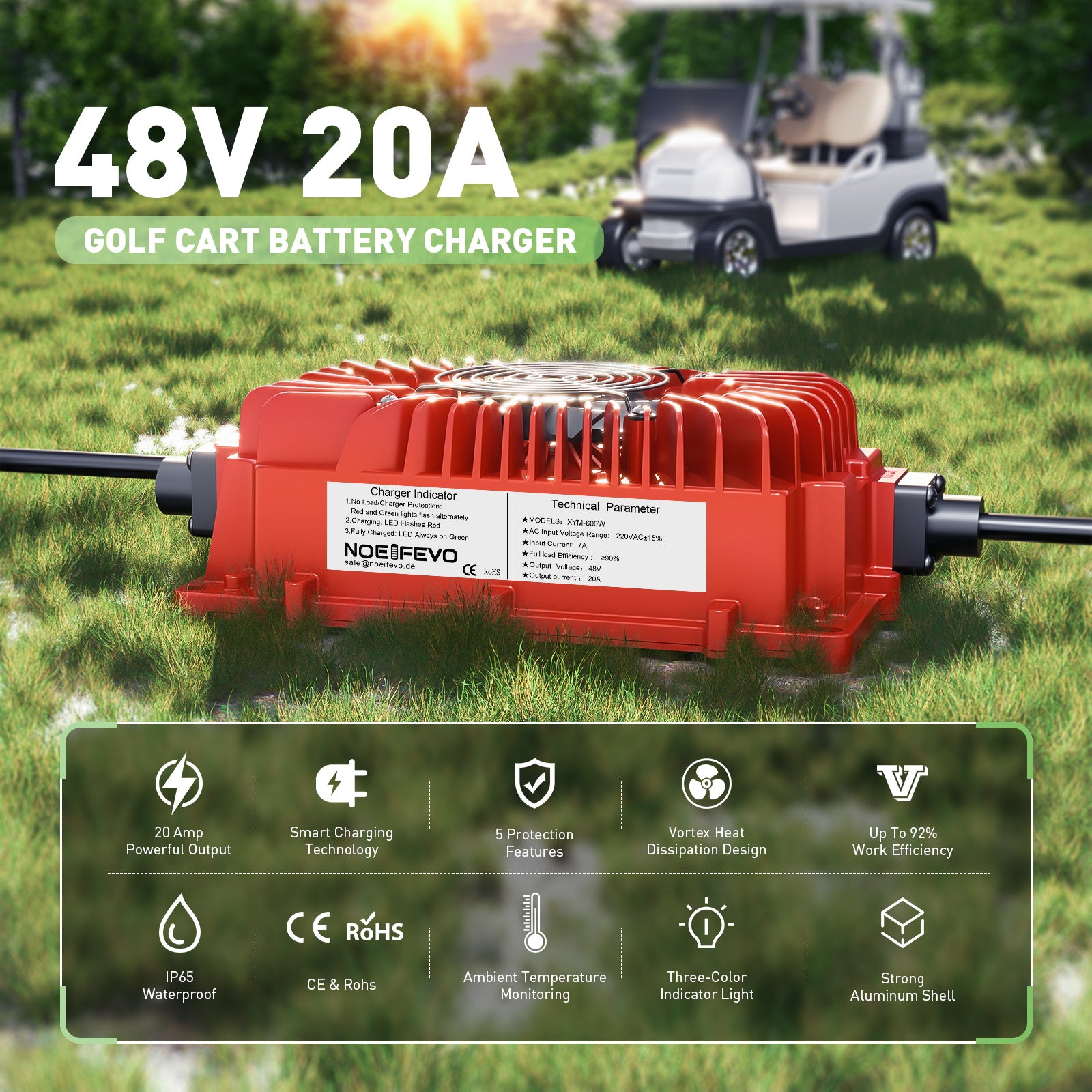 NOEIFEVO 48V 20A Golf Cart Charger for Club Car Precedent & DS with OBC Cable