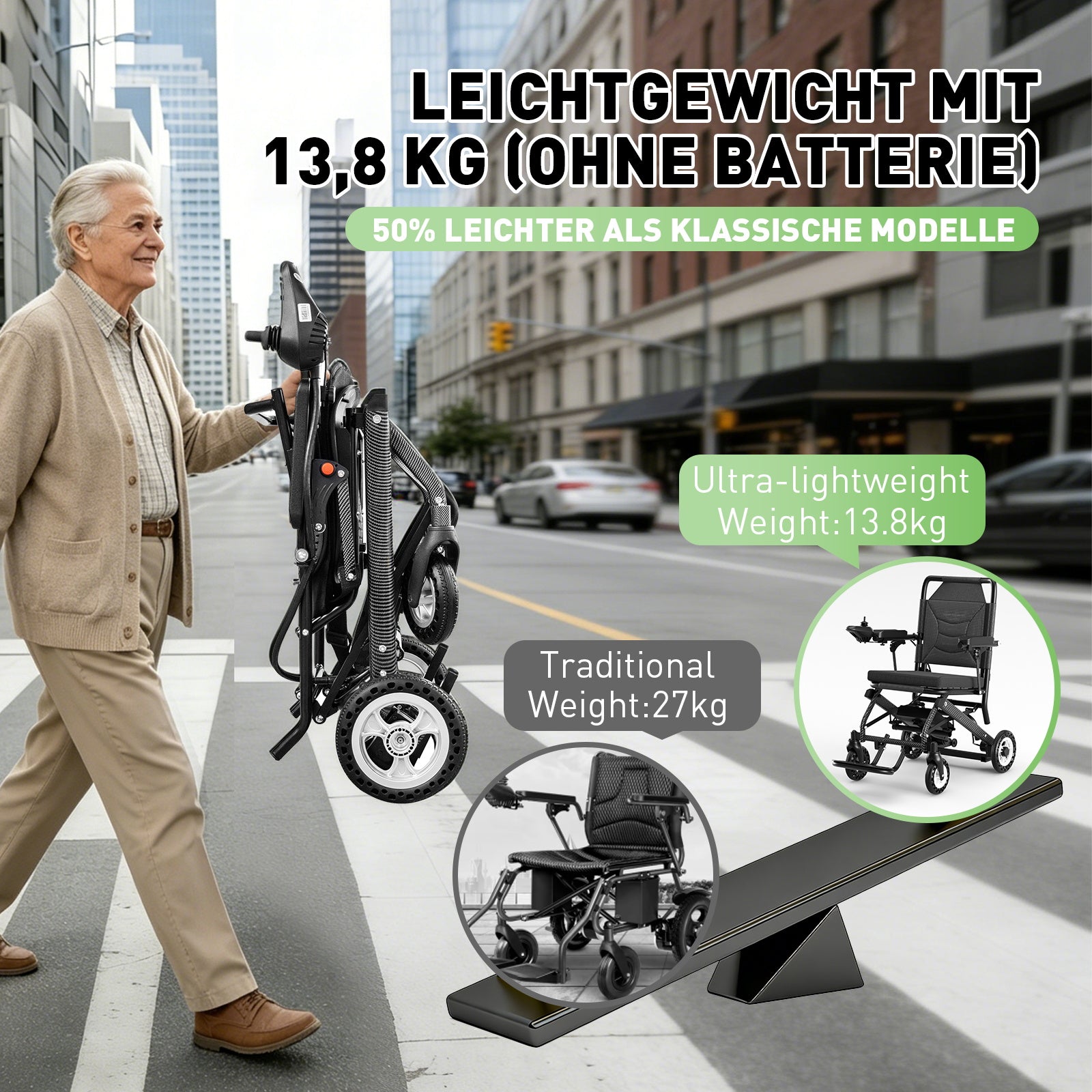 Elektrorollstuhl – 13.6kg,400W Motor, abnehmbarer Lithium-Akku, elektromagnetische Bremse, 100kg Tragkraft,Leicht Rollstuhl Elektrisch Faltbar ideal für Reisen & Alltag