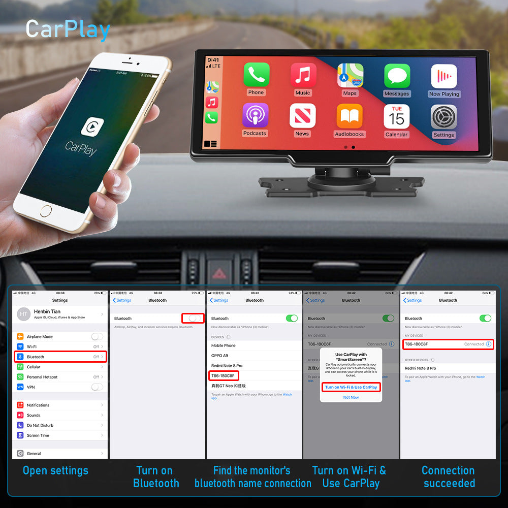 NOEIFEVO C200 10,26 Tommers CarPlay-skjerm, Bærbart bilradio kompatibelt med Apple CarPlay & Android Auto, IPS berøringsskjerm, 4K Dashcam, 1080P ryggekamera, Siri, GPS-navigasjon, Bluetooth, MirrorLink, FM