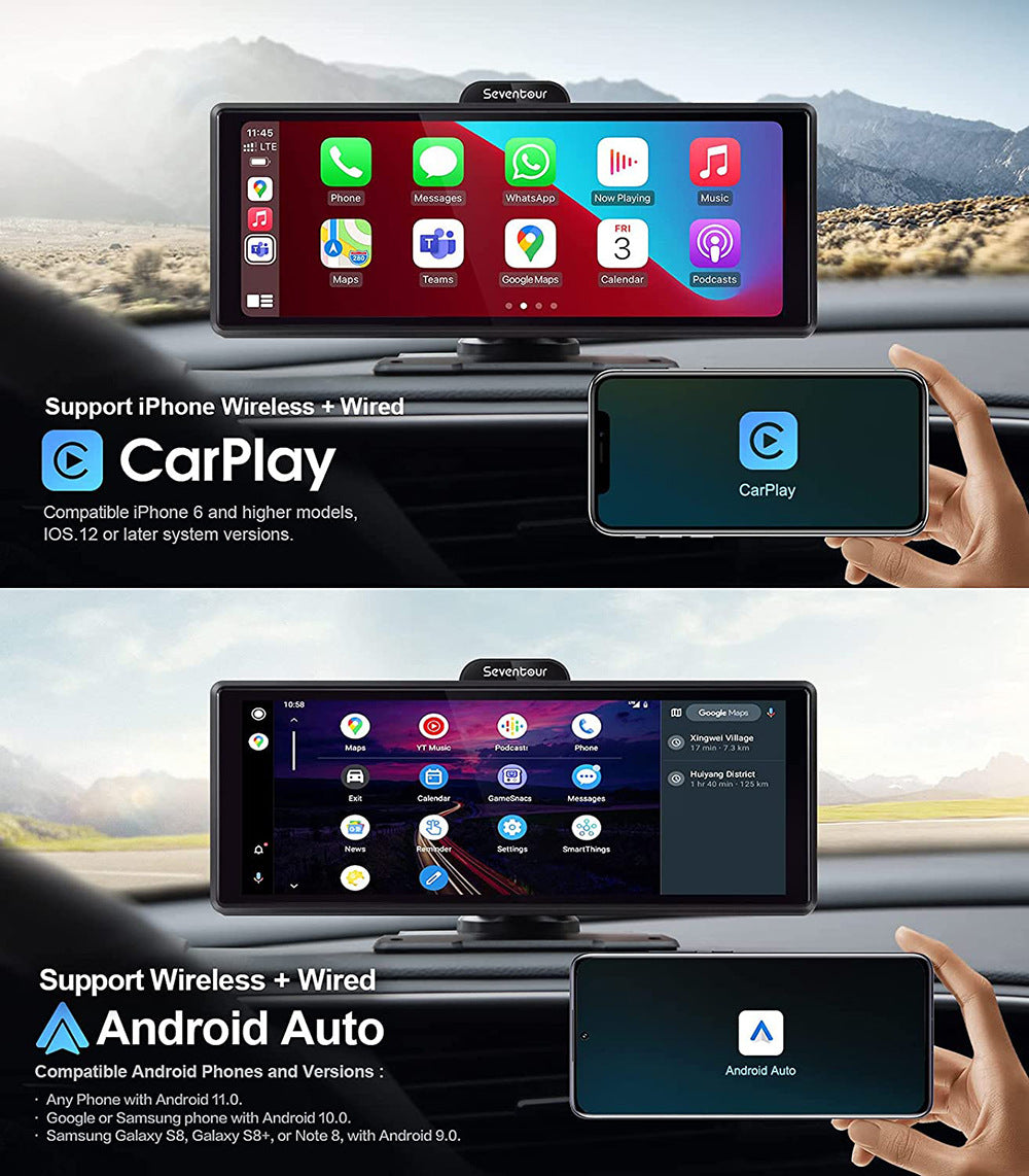 NOEIFEVO C200 10,26 Tommers CarPlay-skjerm, Bærbart bilradio kompatibelt med Apple CarPlay & Android Auto, IPS berøringsskjerm, 4K Dashcam, 1080P ryggekamera, Siri, GPS-navigasjon, Bluetooth, MirrorLink, FM