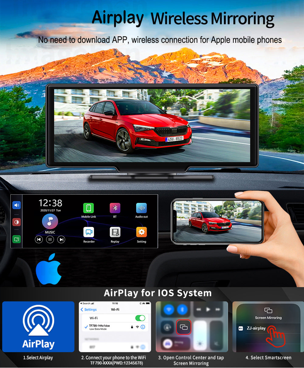 NOEIFEVO C200 10,26 Tommers CarPlay-skjerm, Bærbart bilradio kompatibelt med Apple CarPlay & Android Auto, IPS berøringsskjerm, 4K Dashcam, 1080P ryggekamera, Siri, GPS-navigasjon, Bluetooth, MirrorLink, FM