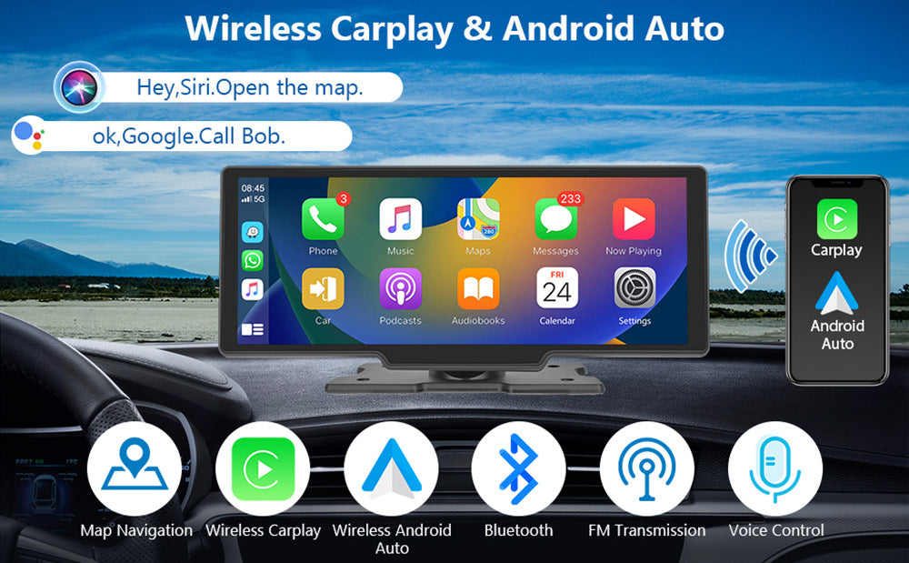 NOEIFEVO C200 10,26 Tommers CarPlay-skjerm, Bærbart bilradio kompatibelt med Apple CarPlay & Android Auto, IPS berøringsskjerm, 4K Dashcam, 1080P ryggekamera, Siri, GPS-navigasjon, Bluetooth, MirrorLink, FM