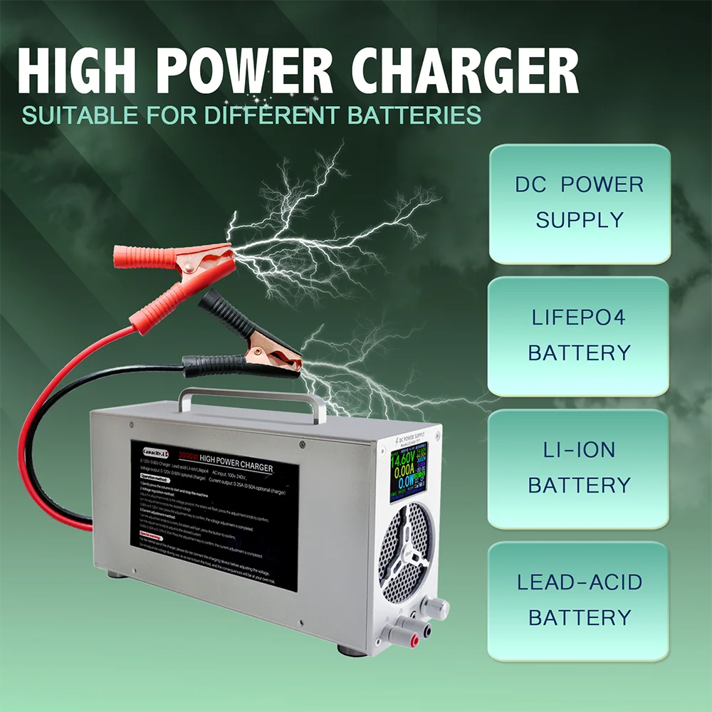 NOEIFEVO 0-120V 1-25A Universal Ladegerät, Gleichstromladegerät, Ladegerät für Lithium-LiFePO4-Akkus, Ladegerät für Bleiakkus, geeignet für alle Akkus mit einer Ladespannung von bis zu 120 V